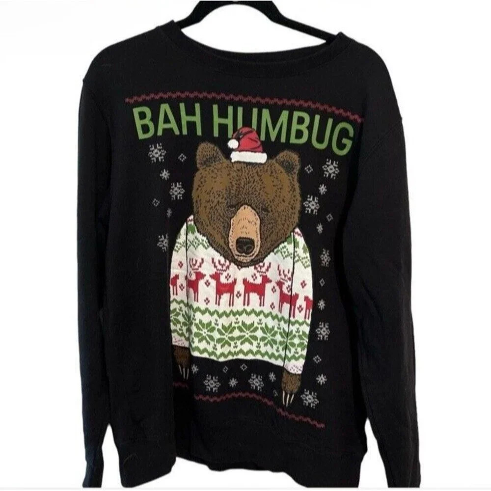Christmas Sweatshirt Bear Bah Humbug L 42-44 Unisex Fair Isle Grizzly Holiday